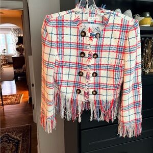 Veronica Beard Tweed Fringe Plaid Jacket in Cream, Red & Blue